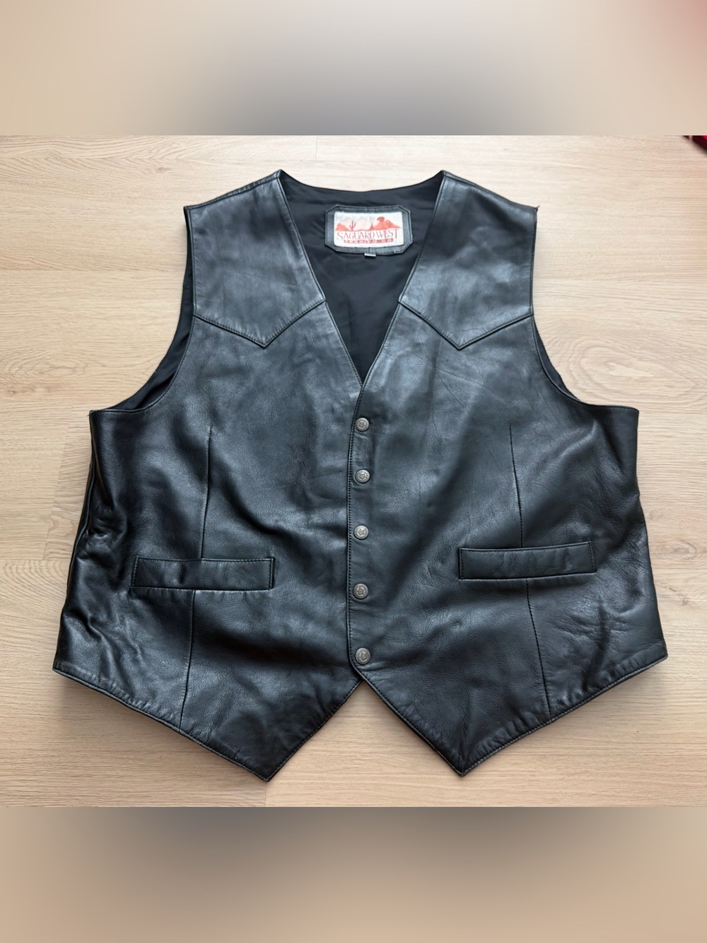 Saguaro West Trading Co Black Leather Button Vest Western Pockets Men's Size XXL